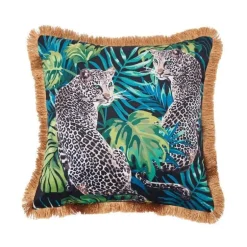 Kissenbezug mit Dschungeltieren – Luxus-Satin mit goldenen Quastenfransen