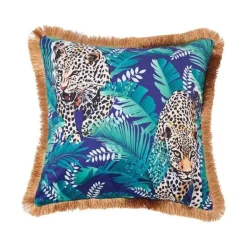 Kissenbezug mit Dschungeltieren – Luxus-Satin mit goldenen Quastenfransen
