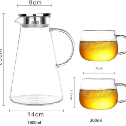 Krug aus Borosilikatglas – großer hitzebeständiger Krug mit Edelstahldeckel