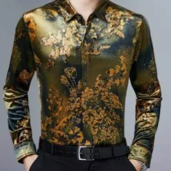 Langarmhemd aus Stretch-Samt für Herren mit Blumenmuster