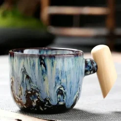 Latte-Tasse aus Keramik – Stilvolle Kaffee-/Teetasse mit Holzgriff