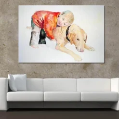 Leinwandbild Junge und Hund – Schönes Haustier-Familiendekor