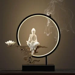 Lotus Buddha Ceramic Incense Burner Lamp - Decorative Aromatherapy Waterfall Lighting