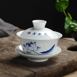 Lotus Gaiwan Teeservice – handgezeichnete Porzellanteekanne mit Puer-Tasse