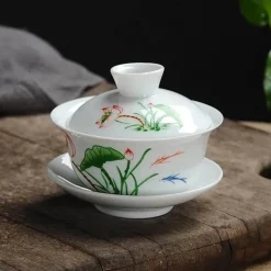 Lotus Gaiwan Teeservice – handgezeichnete Porzellanteekanne mit Puer-Tasse