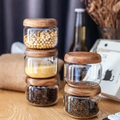 Luftdichtes Gewürzglas aus Glas – 284 ml Behälter mit Deckel aus Akazienholz