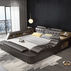Luxuriöser Lederbettrahmen mit Massagesessel – Modernes multifunktionales Design