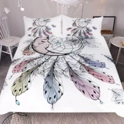 Luxuriöses Bettwäsche-Set mit Mond-Traumfänger, 3-teilig, Feder-Design