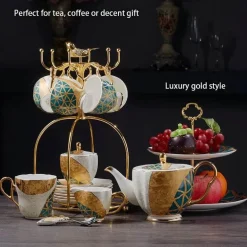 Luxuriöses Kaffeeservice aus Knochenporzellan – Teekanne, Tassen, Zuckerdose, Milchkännchen mit Goldeinlage