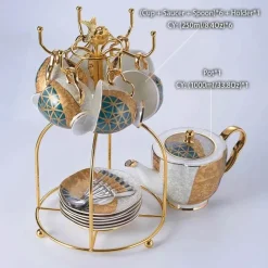 Luxuriöses Kaffeeservice aus Knochenporzellan – Teekanne, Tassen, Zuckerdose, Milchkännchen mit Goldeinlage