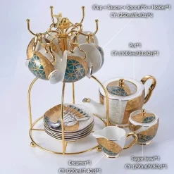 Luxuriöses Kaffeeservice aus Knochenporzellan – Teekanne, Tassen, Zuckerdose, Milchkännchen mit Goldeinlage