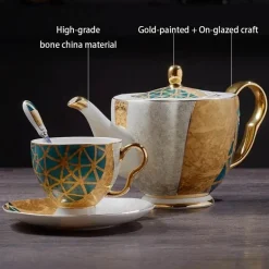 Luxuriöses Kaffeeservice aus Knochenporzellan – Teekanne, Tassen, Zuckerdose, Milchkännchen mit Goldeinlage