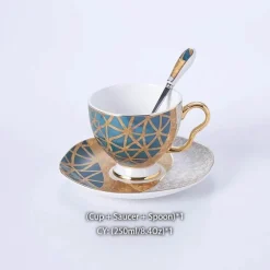 Luxuriöses Kaffeeservice aus Knochenporzellan – Teekanne, Tassen, Zuckerdose, Milchkännchen mit Goldeinlage