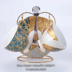 Luxuriöses Kaffeeservice aus Knochenporzellan – Teekanne, Tassen, Zuckerdose, Milchkännchen mit Goldeinlage