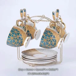 Luxuriöses Kaffeeservice aus Knochenporzellan – Teekanne, Tassen, Zuckerdose, Milchkännchen mit Goldeinlage