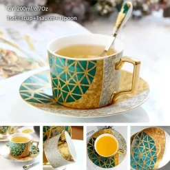 Luxuriöses Kaffeetassen-Set aus Knochenporzellan – 200 ml Tasse mit Untertasse und Löffel