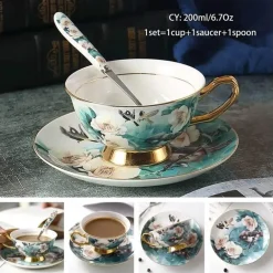 Luxuriöses Kaffeetassen-Set aus Knochenporzellan – 200 ml Tasse mit Untertasse und Löffel