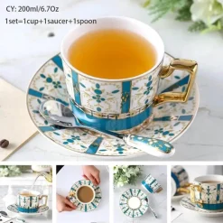 Luxuriöses Kaffeetassen-Set aus Knochenporzellan – 200 ml Tasse mit Untertasse und Löffel