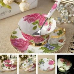 Luxuriöses Kaffeetassen-Set aus Knochenporzellan – 200 ml Tasse mit Untertasse und Löffel