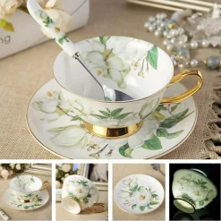 Luxuriöses Kaffeetassen-Set aus Knochenporzellan – 200 ml Tasse mit Untertasse und Löffel