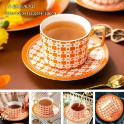 Luxuriöses Kaffeetassen-Set aus Knochenporzellan – 200 ml Tasse mit Untertasse und Löffel