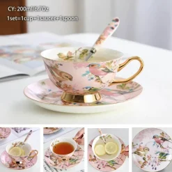 Luxuriöses Kaffeetassen-Set aus Knochenporzellan – 200 ml Tasse mit Untertasse und Löffel