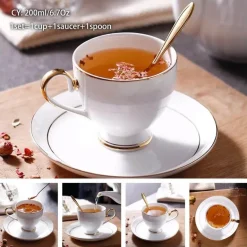 Luxuriöses Kaffeetassen-Set aus Knochenporzellan – 200 ml Tasse mit Untertasse und Löffel