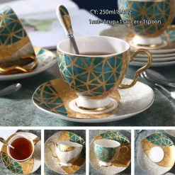 Luxuriöses Kaffeetassen-Set aus Knochenporzellan – 200 ml Tasse mit Untertasse und Löffel