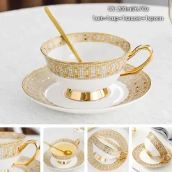 Luxuriöses Kaffeetassen-Set aus Knochenporzellan – 200 ml Tasse mit Untertasse und Löffel