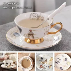 Luxuriöses Kaffeetassen-Set aus Knochenporzellan – 200 ml Tasse mit Untertasse und Löffel