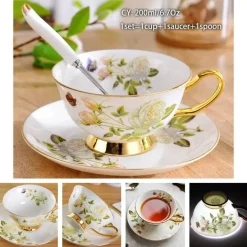 Luxuriöses Kaffeetassen-Set aus Knochenporzellan – 200 ml Tasse mit Untertasse und Löffel