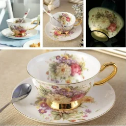 Luxuriöses Kaffeetassen-Set aus Knochenporzellan – 200 ml Tasse mit Untertasse und Löffel