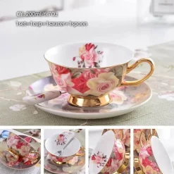 Luxuriöses Kaffeetassen-Set aus Knochenporzellan – 200 ml Tasse mit Untertasse und Löffel