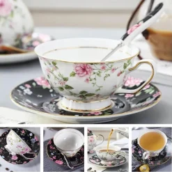 Luxuriöses Kaffeetassen-Set aus Knochenporzellan – 200 ml Tasse mit Untertasse und Löffel