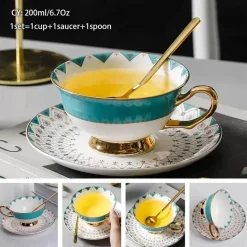 Luxuriöses Kaffeetassen-Set aus Knochenporzellan – 200 ml Tasse mit Untertasse und Löffel