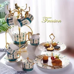 Luxuriöses Tee- und Kaffeeset aus goldenem Bone China – nordisches Porzellan, Teekanne, Tassen, Zuckerdose, Milchkännchen