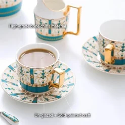 Luxuriöses Tee- und Kaffeeset aus goldenem Bone China – nordisches Porzellan, Teekanne, Tassen, Zuckerdose, Milchkännchen