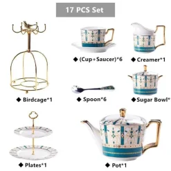 Luxuriöses Tee- und Kaffeeset aus goldenem Bone China – nordisches Porzellan, Teekanne, Tassen, Zuckerdose, Milchkännchen