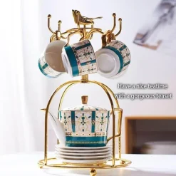 Luxuriöses Tee- und Kaffeeset aus goldenem Bone China – nordisches Porzellan, Teekanne, Tassen, Zuckerdose, Milchkännchen