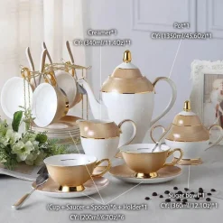 Luxuriöses Teeservice aus Knochenporzellan mit Goldbesatz, Teekanne, Kaffeetassen und Milchkännchen