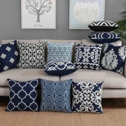 Marineblauer weißer Vierpass-Kissenbezug – 45 x 45 cm, bestickter Kissenbezug