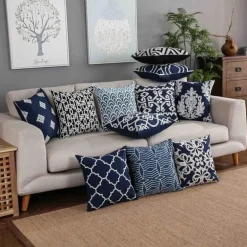 Marineblauer weißer Vierpass-Kissenbezug – 45 x 45 cm, bestickter Kissenbezug