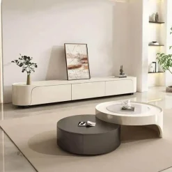 Modern Dual-Tier Round Coffee Table - Retractable Lounge Design