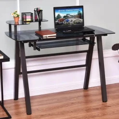 Moderner Schreibtisch mit Metallrahmen und Druckerablage – Home-Office-Arbeitsplatz