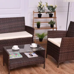 Modernes Rattan-Terrassenmöbel-Set – 4-teilig, Korbsofa, Couchtisch mit Kissen