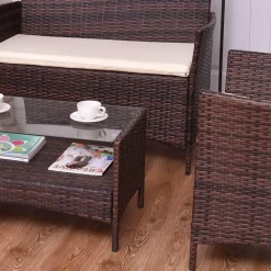 Modernes Rattan-Terrassenmöbel-Set – 4-teilig, Korbsofa, Couchtisch mit Kissen