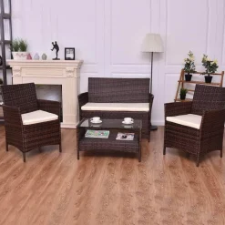 Modernes Rattan-Terrassenmöbel-Set – 4-teilig, Korbsofa, Couchtisch mit Kissen