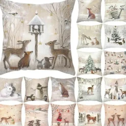 Niedlicher Kissenbezug aus Plüsch mit Kaninchen und Hirschen – Weihnachtskissenbezug 45 x 45 cm