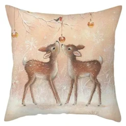 Niedlicher Kissenbezug aus Plüsch mit Kaninchen und Hirschen – Weihnachtskissenbezug 45 x 45 cm