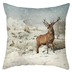 Niedlicher Kissenbezug aus Plüsch mit Kaninchen und Hirschen – Weihnachtskissenbezug 45 x 45 cm